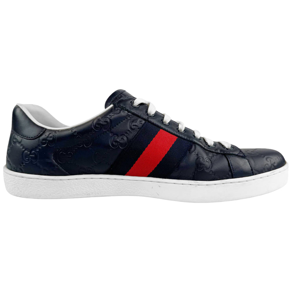 GUCCI Ace Navy Leather GG Guccissima Trainers Size 9 UK LHQ516