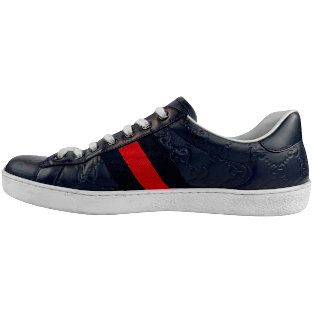 GUCCI Ace Navy Leather GG Guccissima Trainers Size 9 UK LHQ516