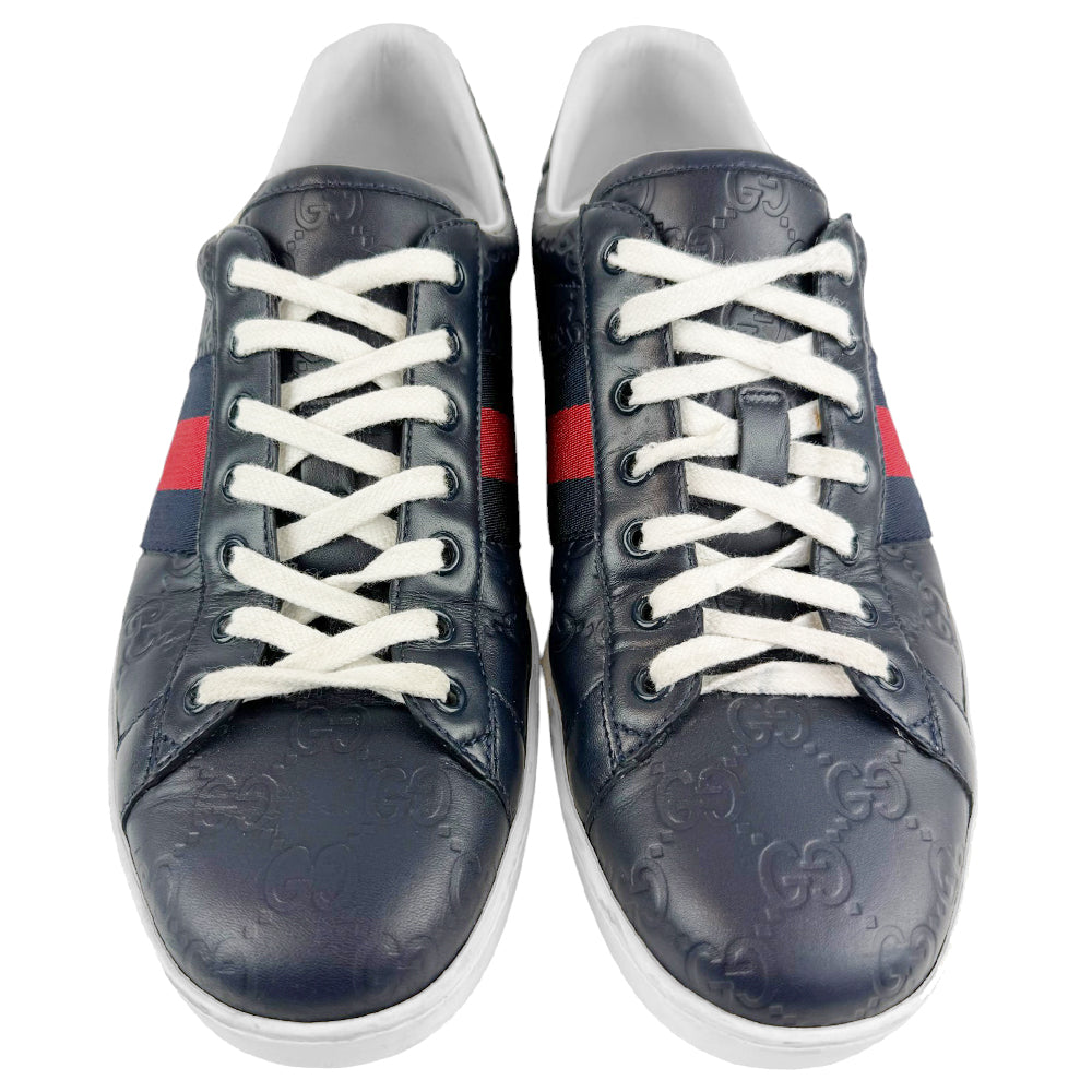 GUCCI Ace Navy Leather GG Guccissima Trainers Size 9 UK LHQ516