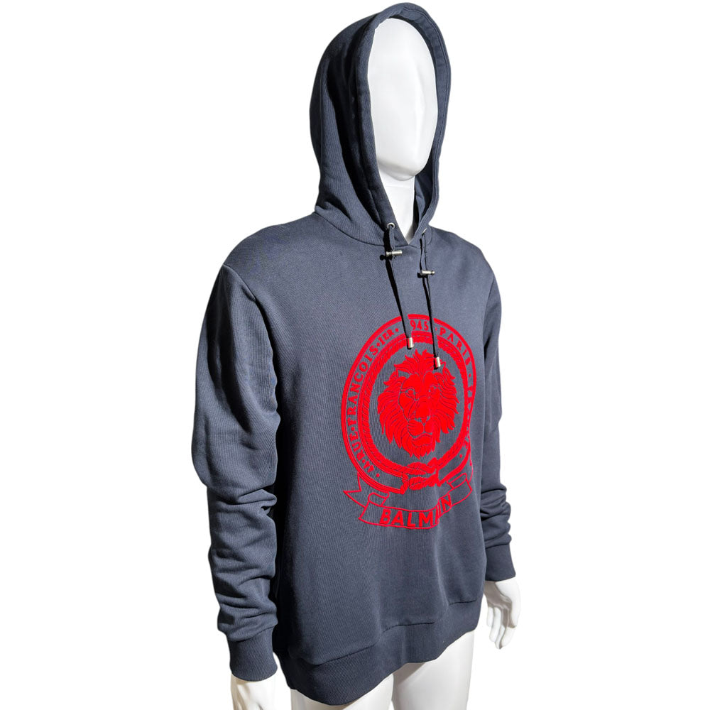 BALMAIN Navy Flocked Lion Pullover Hoodie LHQ650