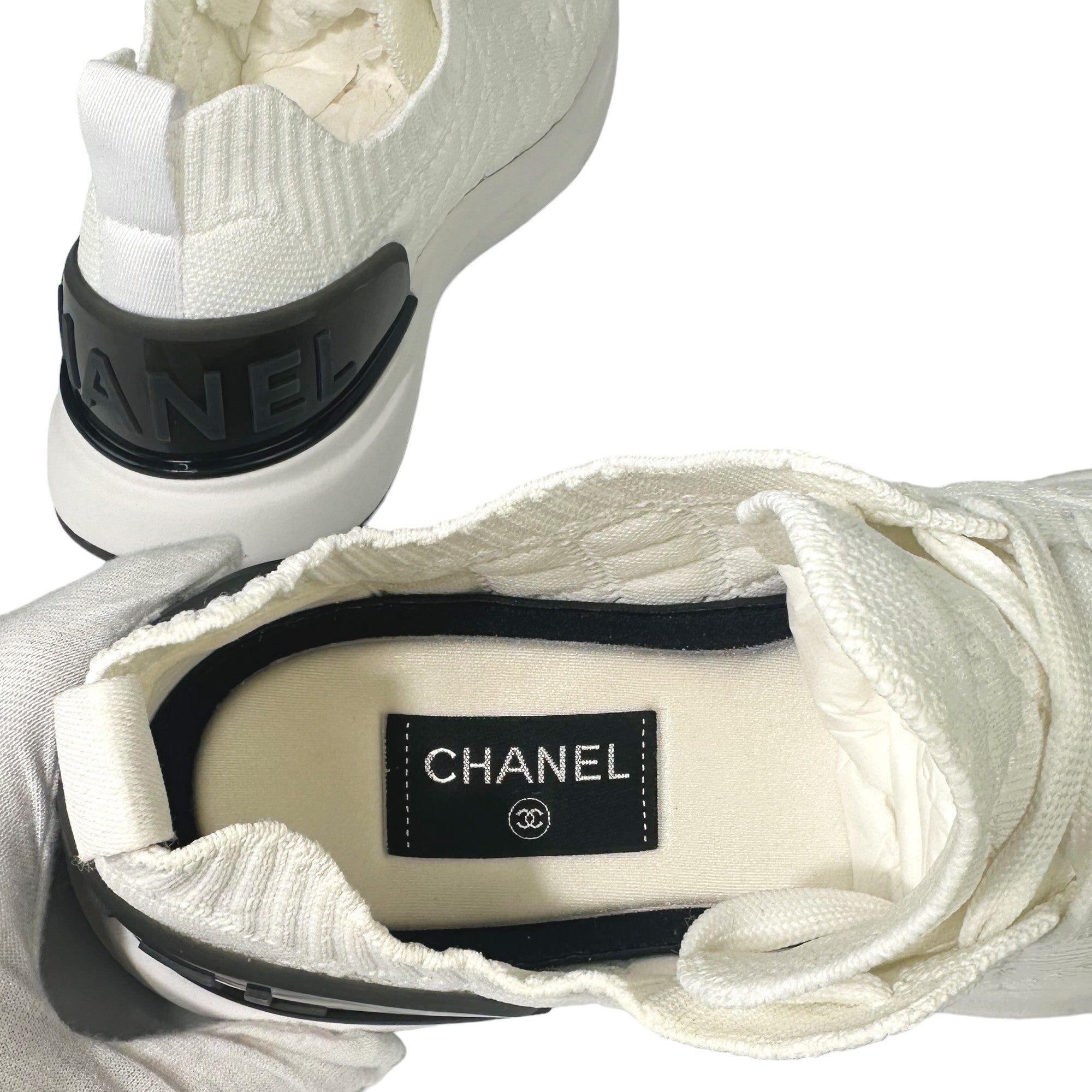 CHANEL Men's White CC Logo Quilted Sock Trainers Size 8.5 UK LHQ66