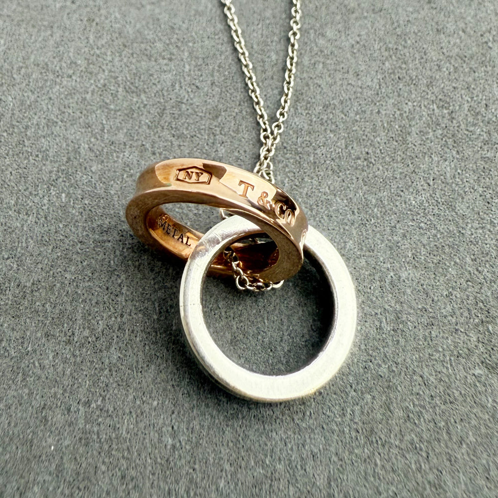 TIFFANY & CO 1837 Rose Gold & Silver Interlocking Rings Necklace LHQ692