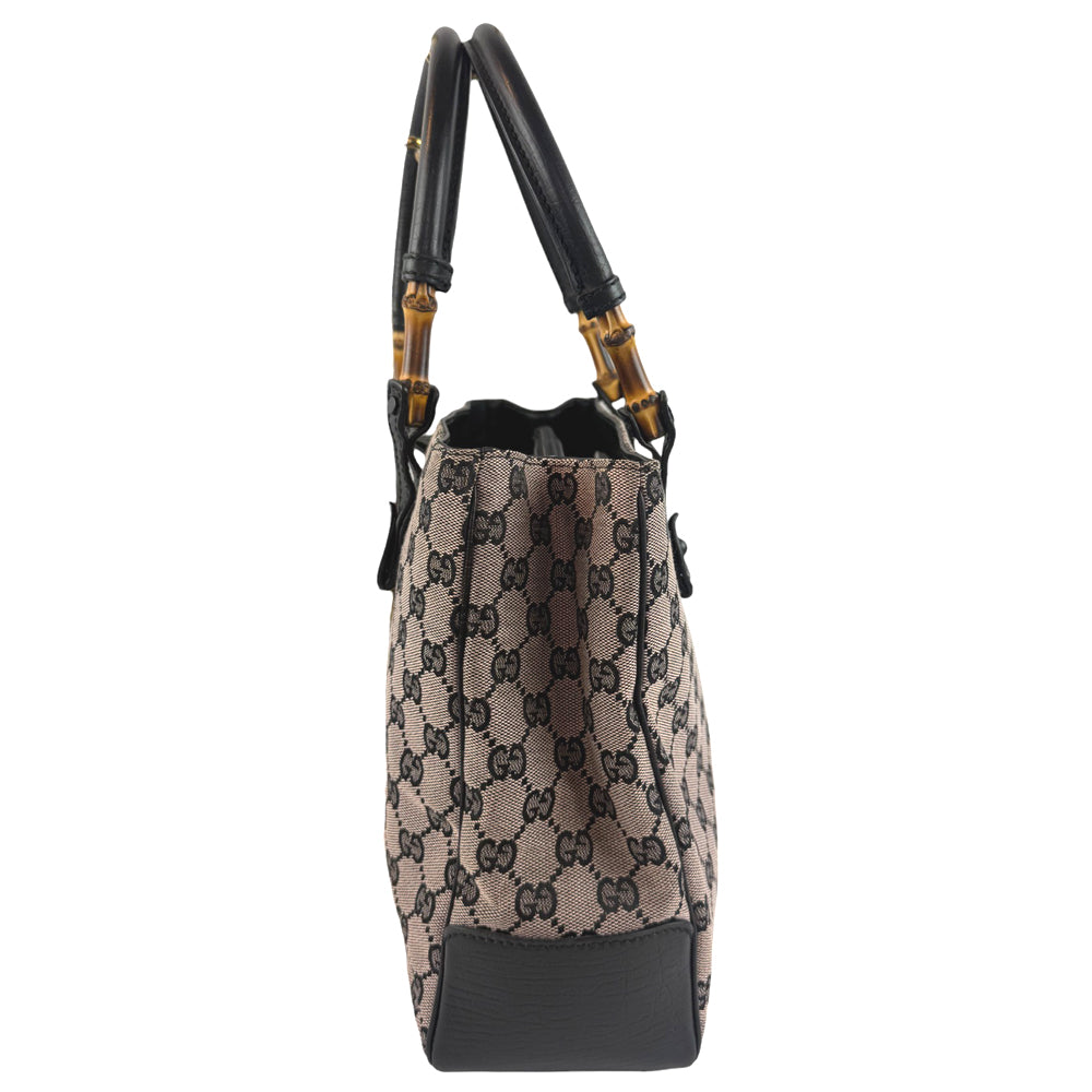 GUCCI GG Canvas Beige/Grey Bamboo Shoulder Handbag LHQ705