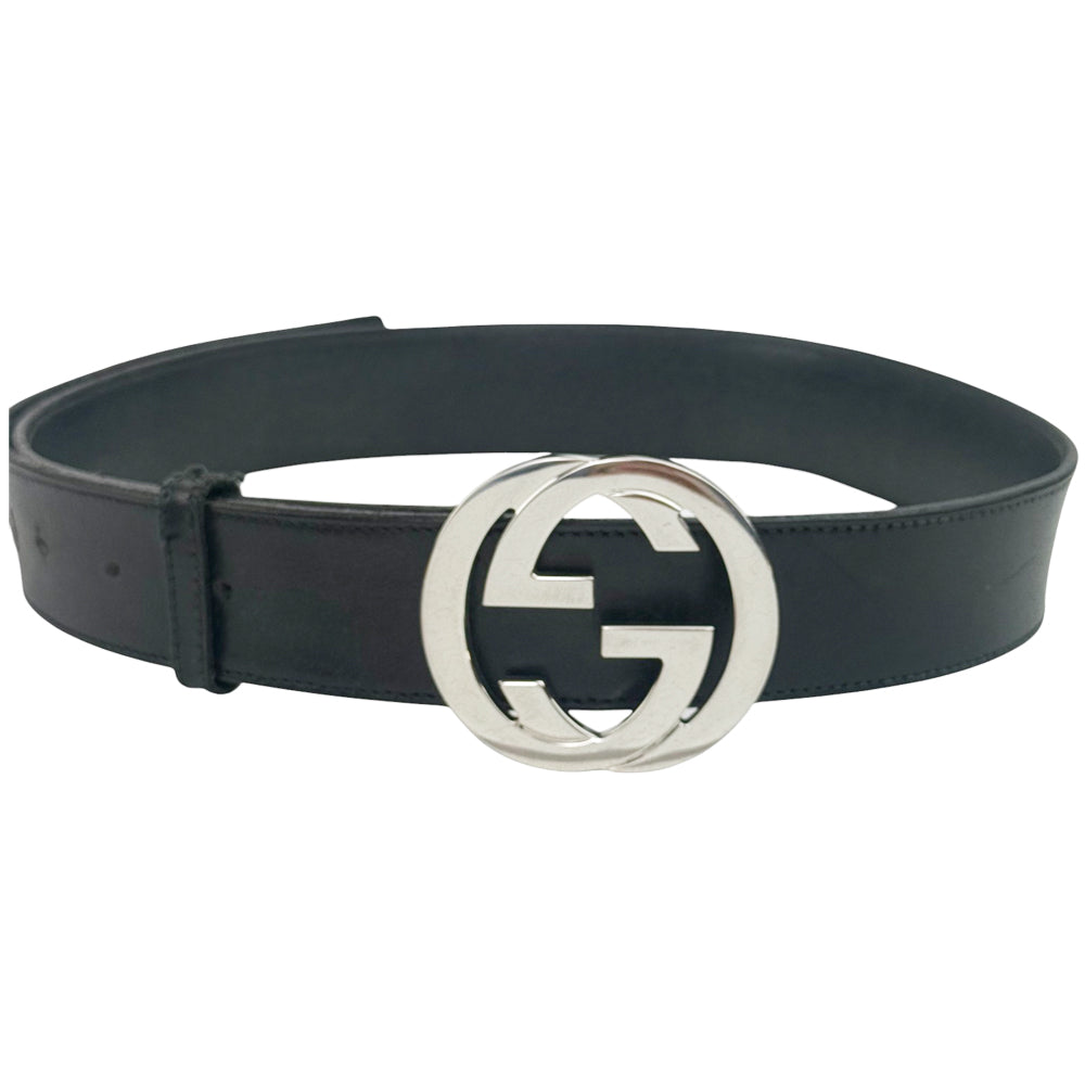 GUCCI GG Buckle Black Leather Belt Size 36" LHQ781
