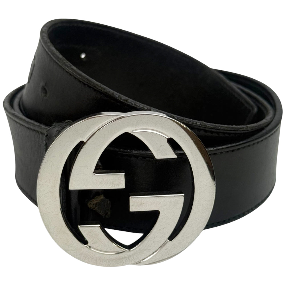 GUCCI GG Buckle Black Leather Belt Size 36" LHQ781