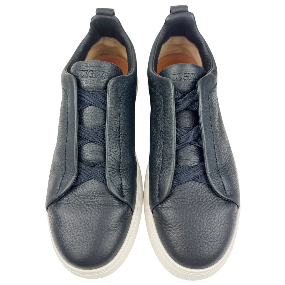 ZEGNA Navy Leather Triple Stitch Trainers Size 8 UK LHQ839