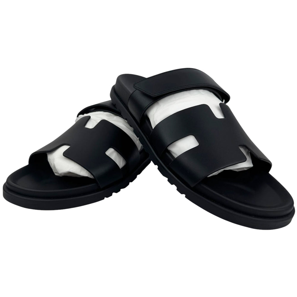 HERMES Chypre Black Leather Sandals Size UK LHQ840