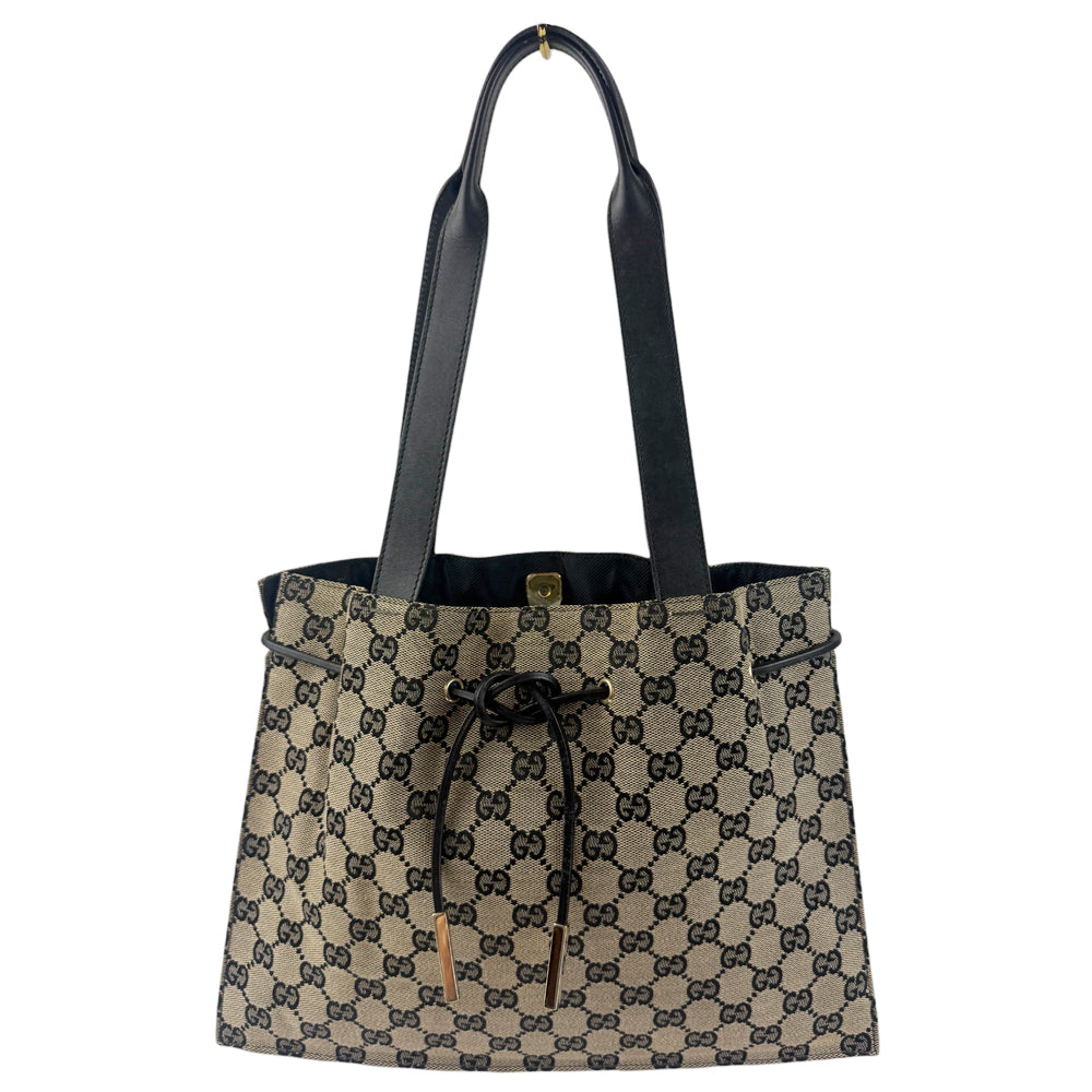 GUCCI GG Canvas Tote Brown Drawstring Shoulder Bag LHQ889