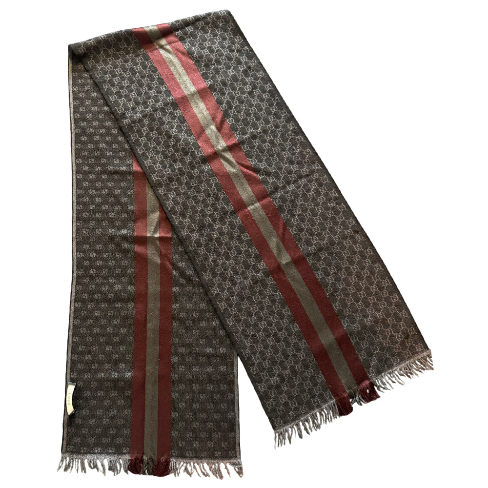 GUCCI GG Pattern Grey And Maroon Wool & Silk Scarf LHQ903