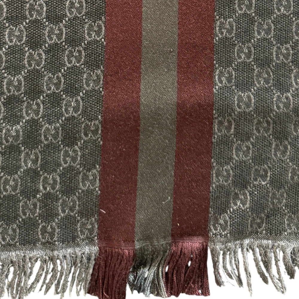 GUCCI GG Pattern Grey And Maroon Wool & Silk Scarf LHQ903
