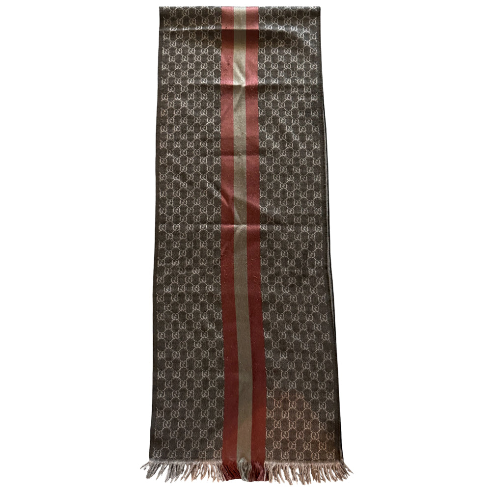 GUCCI GG Pattern Grey And Maroon Wool & Silk Scarf LHQ903