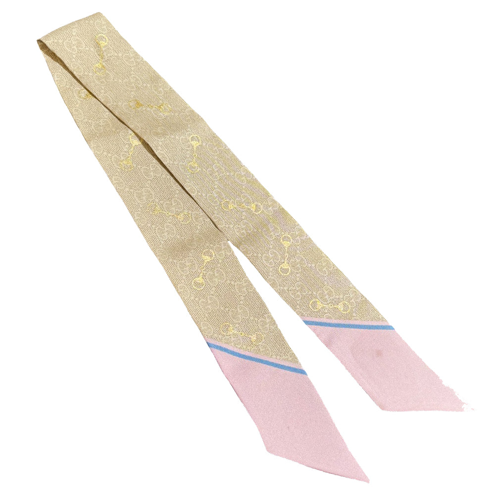 GUCCI Beige Horsebit & GG Pattern Twilly Scarf LHQ915