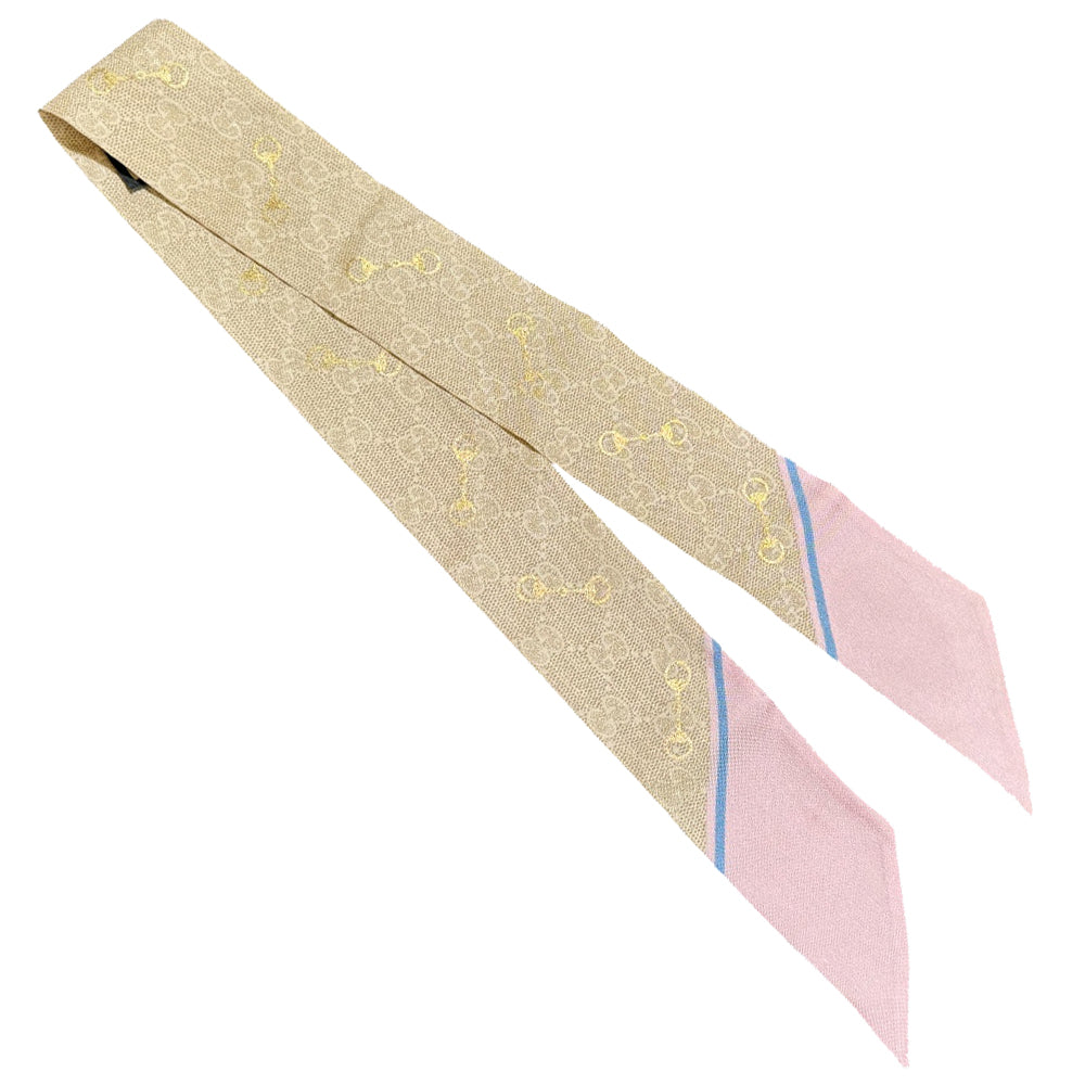 GUCCI Beige Horsebit & GG Pattern Twilly Scarf LHQ915