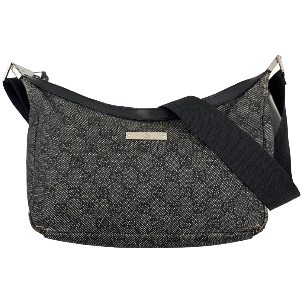 GUCCI GG Denim & Leather Charcoal Shoulder Bag LHQ947