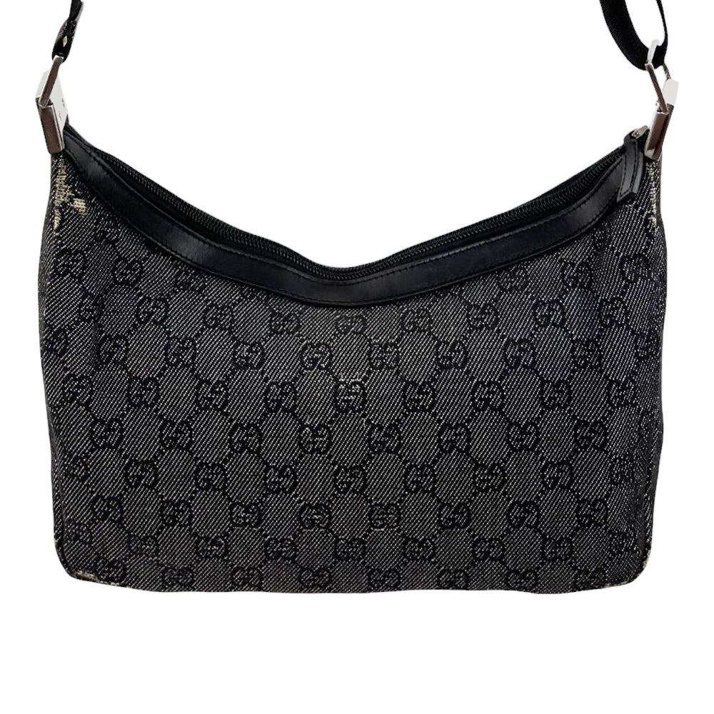 GUCCI GG Denim & Leather Charcoal Shoulder Bag LHQ947