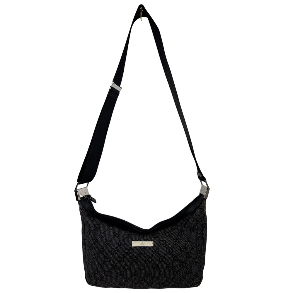 GUCCI GG Denim & Leather Charcoal Shoulder Bag LHQ947