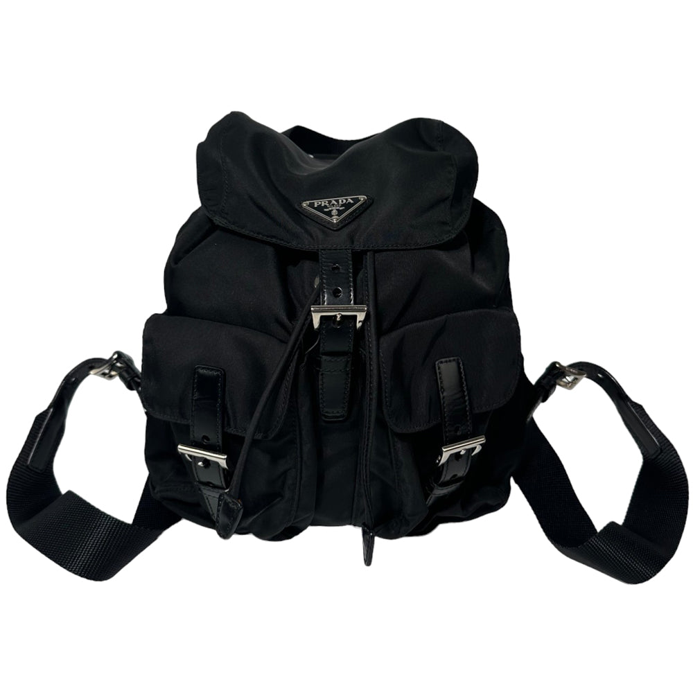 PRADA Negro Re-Nylon y Negro Mochila de cuero Bolsa LHQ96