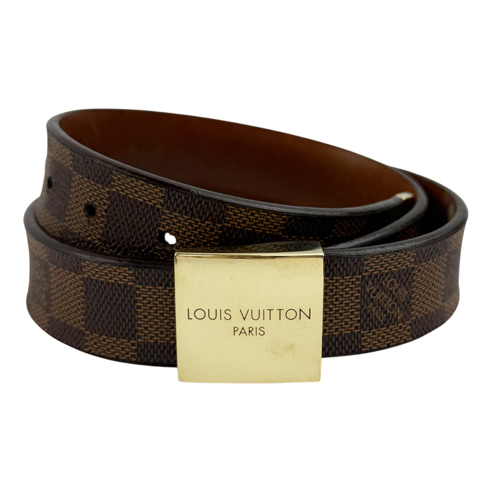 LOUIS VUITTON Damier Ebene Santur Carre Gold Buckle Belt Size 32" LHQ973