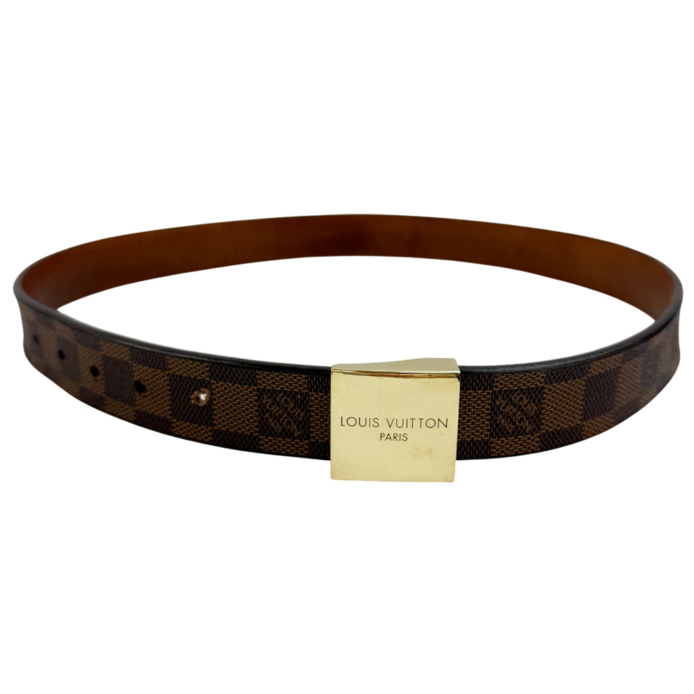 LOUIS VUITTON Damier Ebene Santur Carre Gold Buckle Belt Size 32" LHQ973
