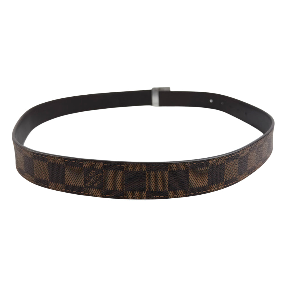LOUIS VUITTON Damier Ebene Santur Carre Silver Buckle Belt Size 36" LHQ978