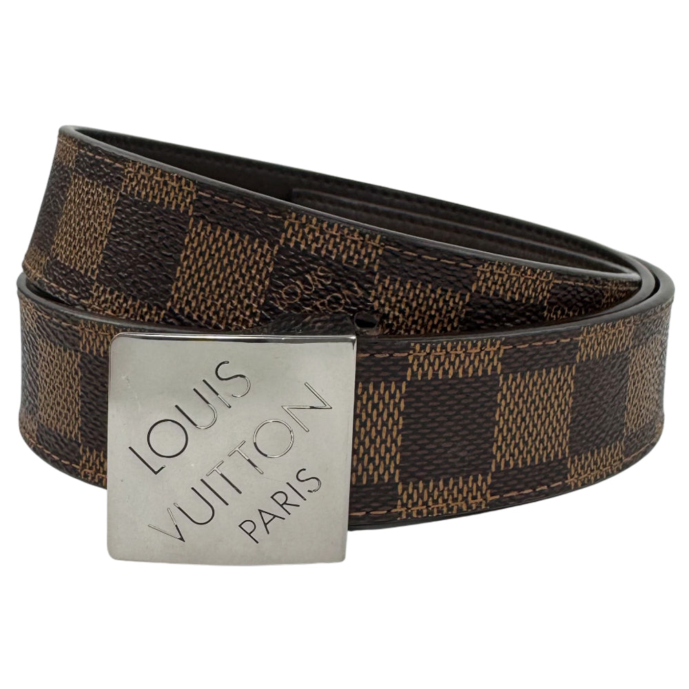 LOUIS VUITTON Damier Ebene Santur Carre Silver Buckle Belt Size 36" LHQ978