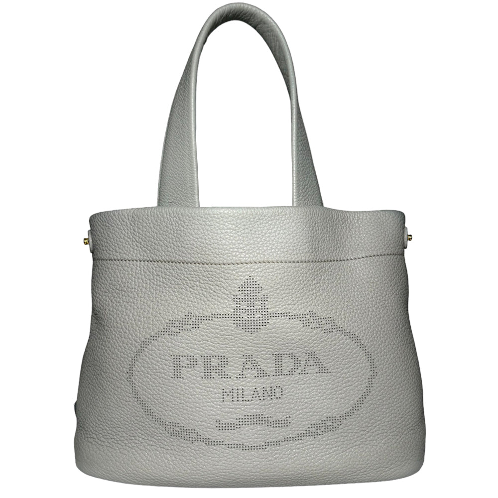 PRADA Punching Logo Handtasche Leder Grau LHQ98