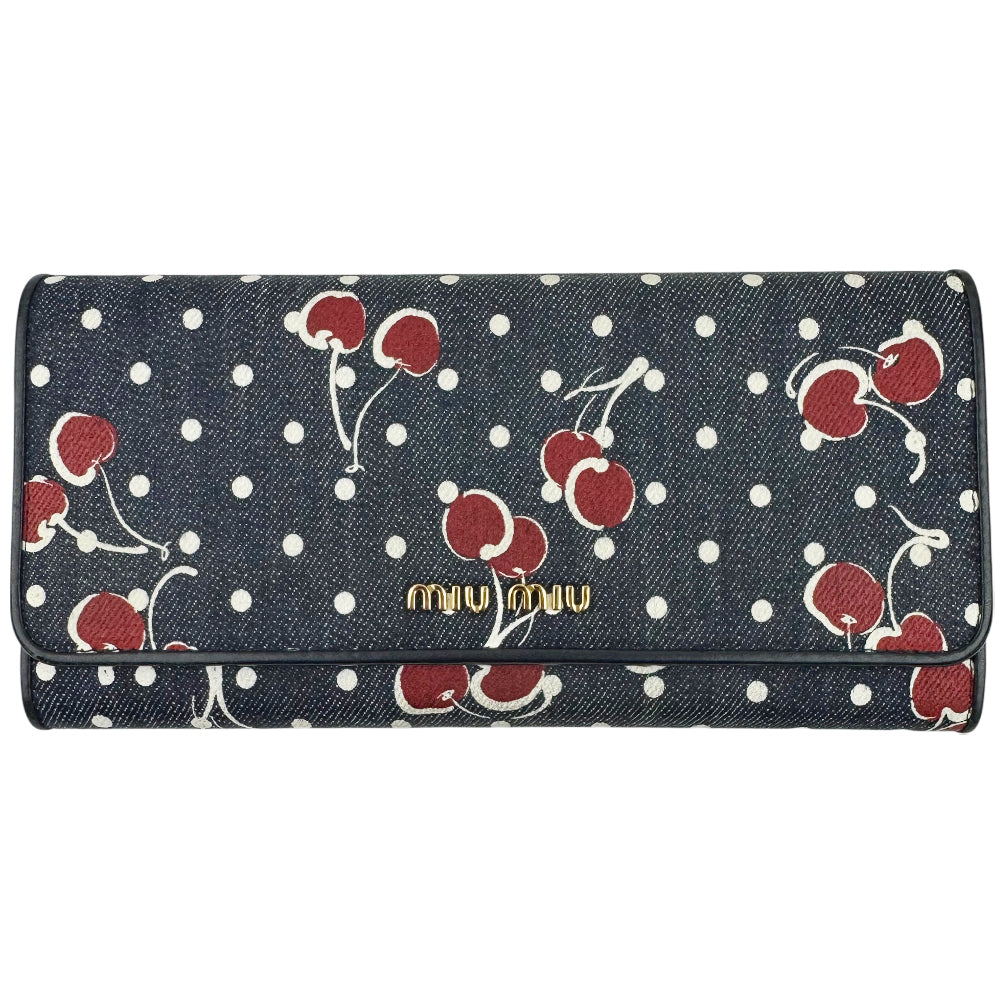 MIU MIU Denim Cherry Pattern Wallet Purse LHQ993