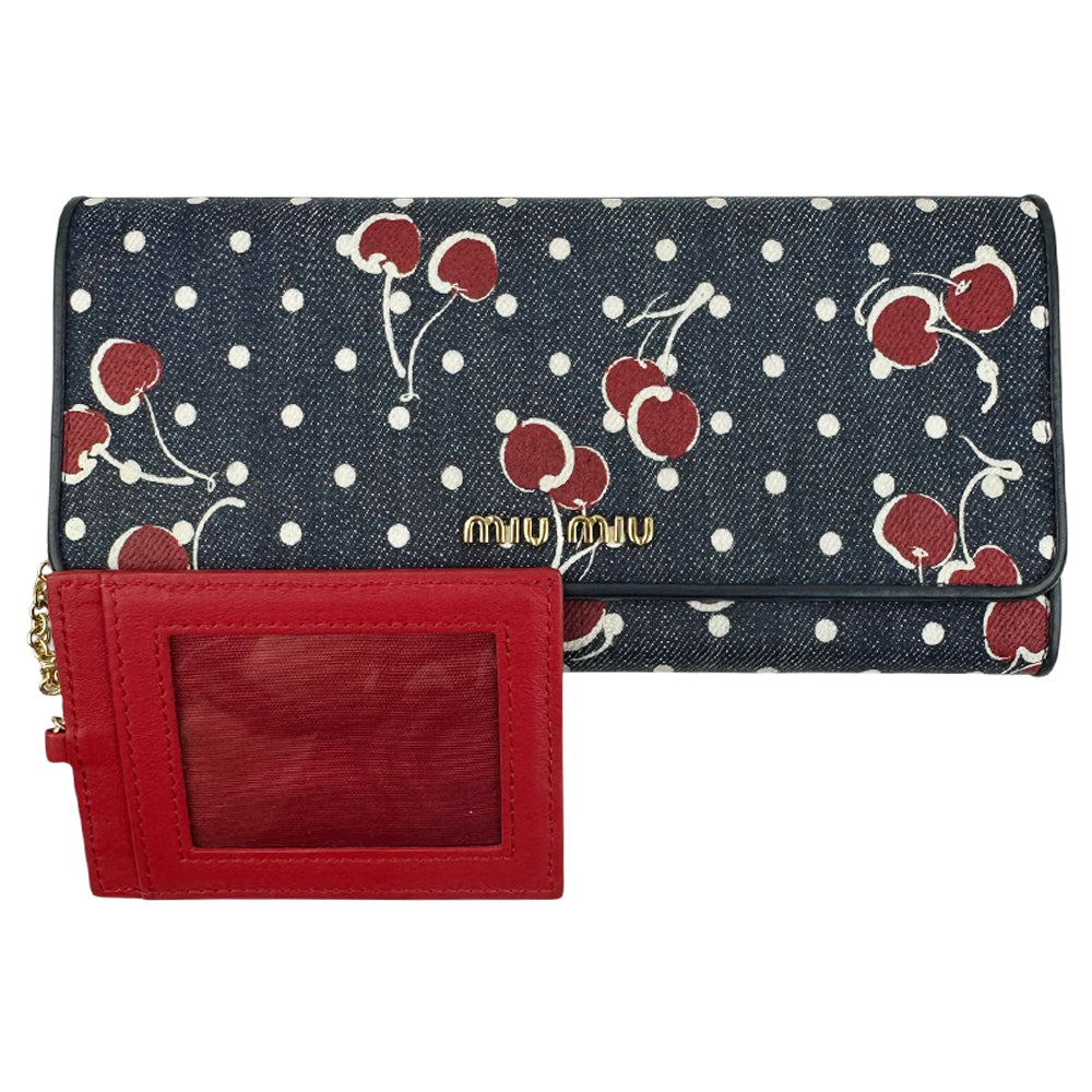 MIU MIU Denim Cherry Pattern Wallet Purse LHQ993