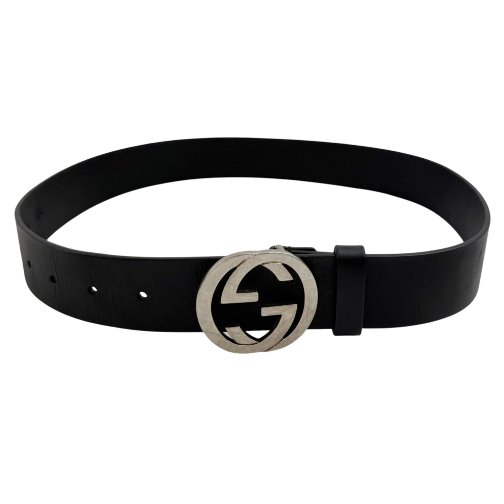GUCCI Interlocking GG Black Leather Silver Buckle Belt Size 30" LHQ995