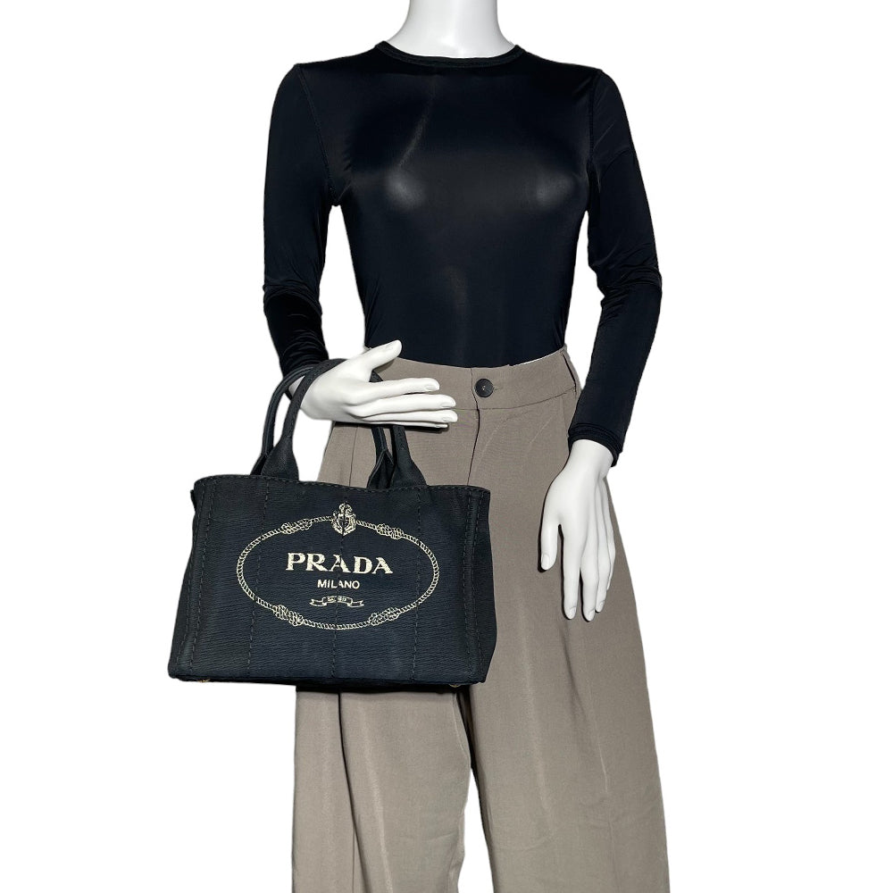 PRADA Canapa Tote Black Canvas Bag LHQ97