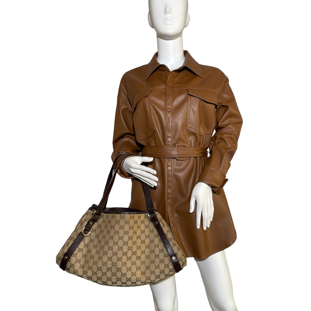 GUCCI Brown Abbey Shoulder Bag GG Canvas and Brown Leather LHQ02