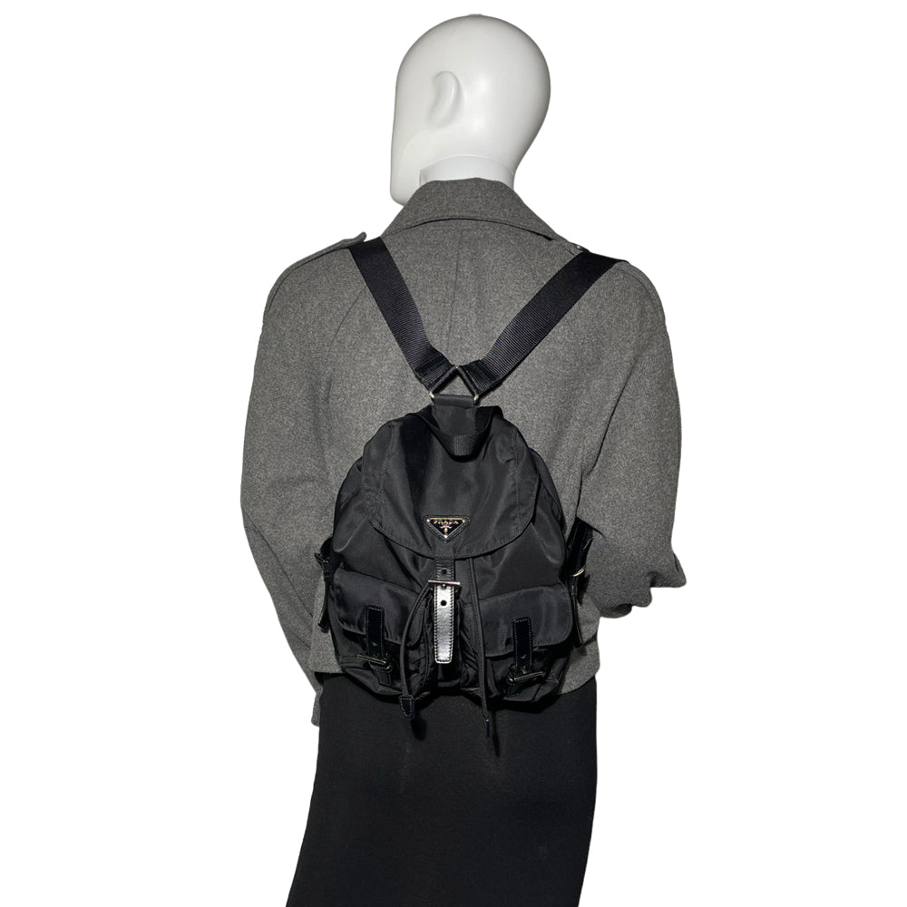 PRADA Negro Re-Nylon y Negro Mochila de cuero Bolsa LHQ96