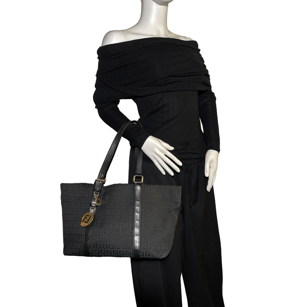 FENDI Black Zucca Fabric and Leather Tote Shoulder Bag LHQ11