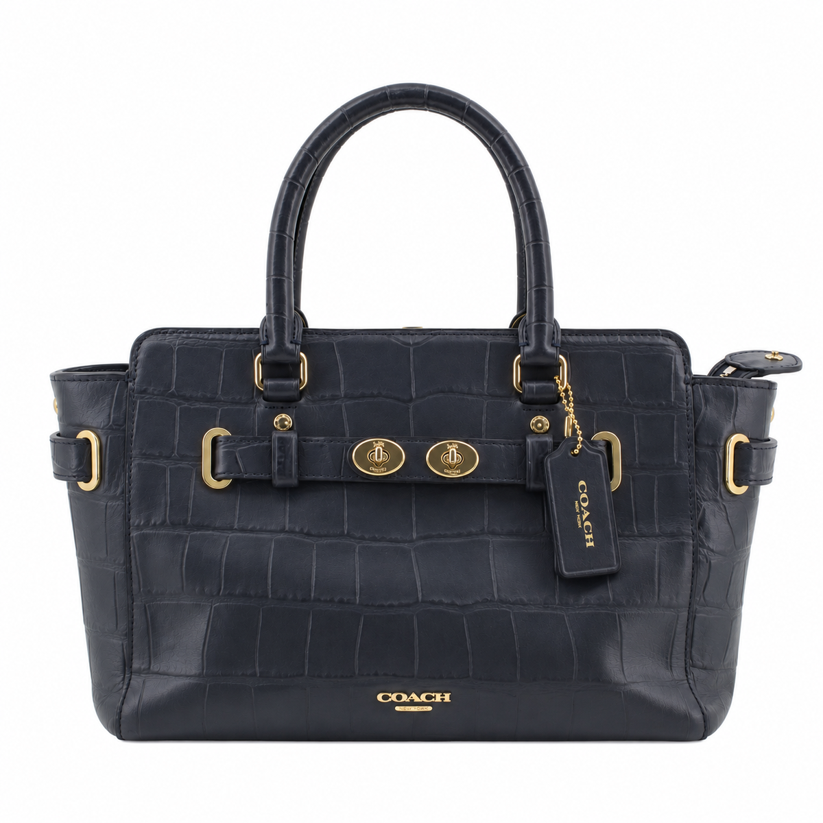 COACH Navy Crocodile Embossed Leather Carryall Shoulder Handbag LHQ2385