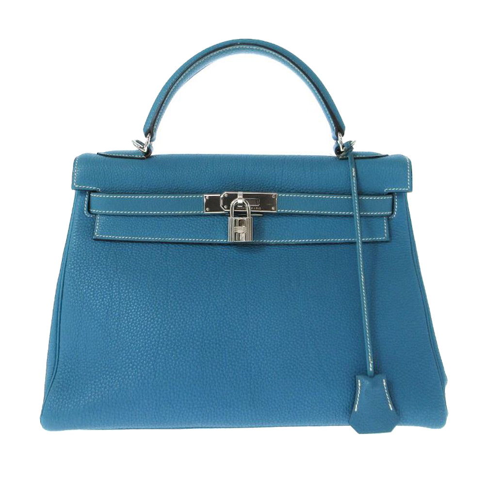 HERMES Kelly 32 Borsa Blu Jean Togo RES03