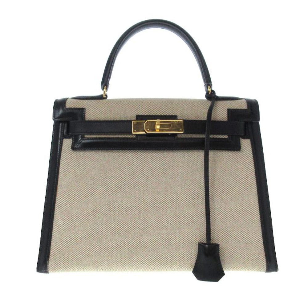 HERMES Kelly 28 Borsa Crema Nero Toile Box Vitello RES22