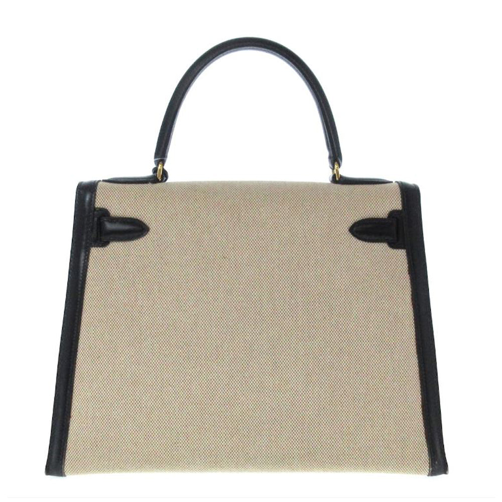 HERMES Kelly 28 Bolso Crema Negro Toile Caja Becerro RES22