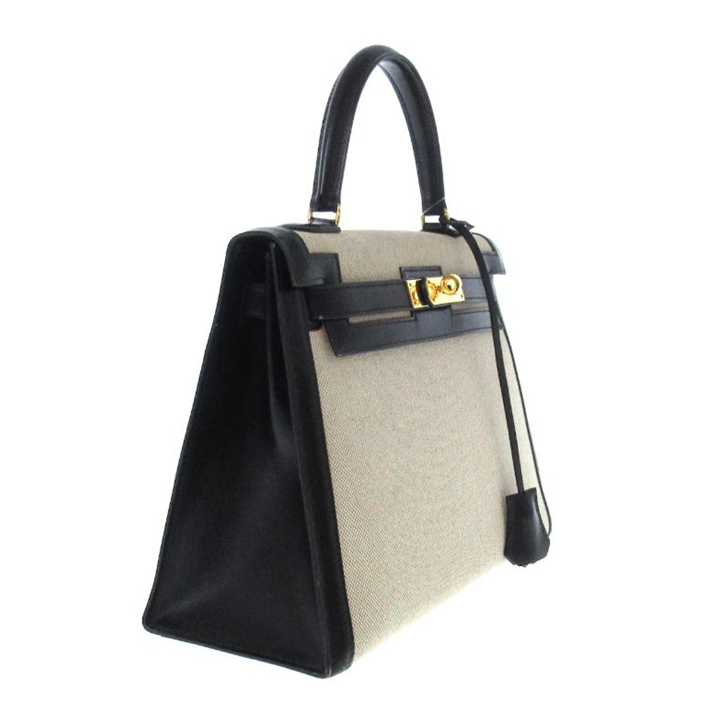 HERMES Kelly 28 Handbag Cream Black Toile Box Calf RES22