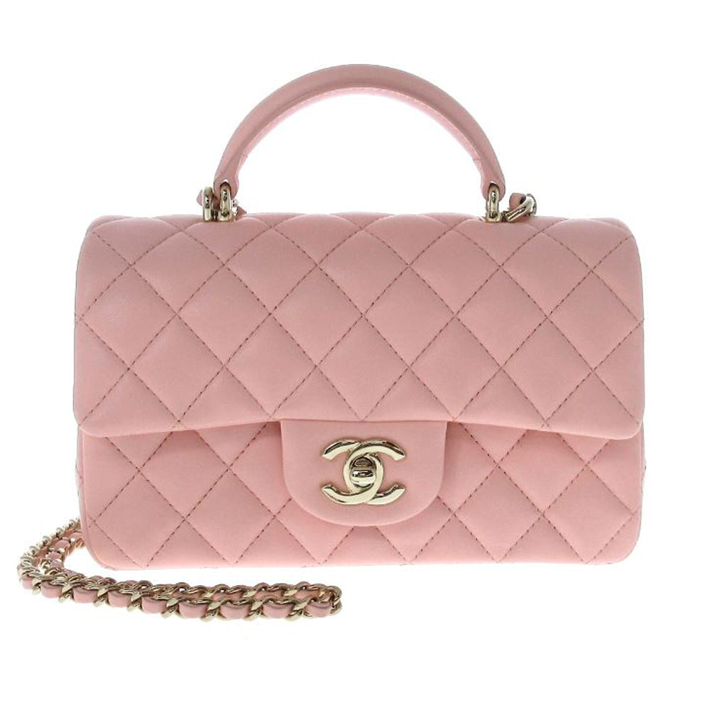 CHANEL Matelasse Top Handle Mini Flap Umhängetasche Rosa Lammfell Damen RES32