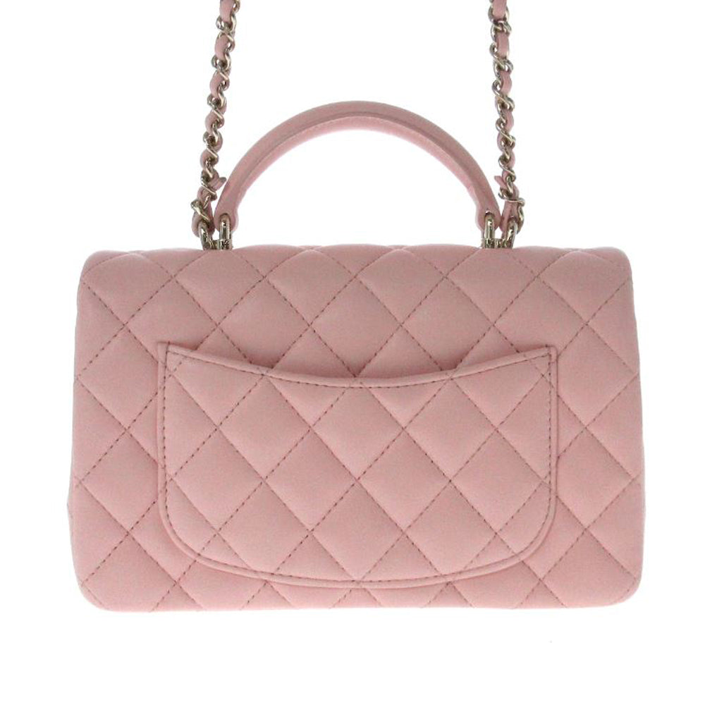 CHANEL Matelasse Top Handle Mini Flap Umhängetasche Rosa Lammfell Damen RES32