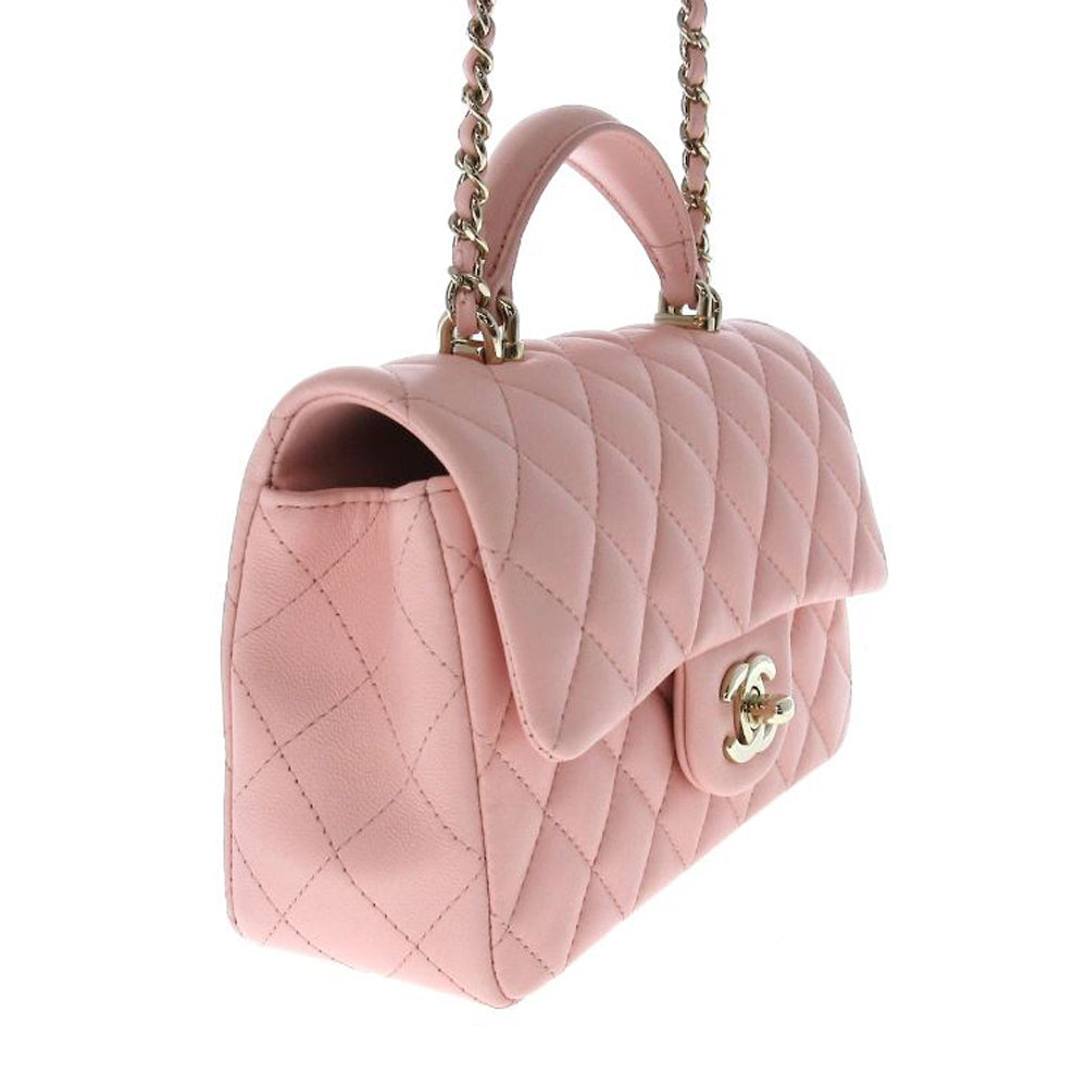 CHANEL Matelasse Top Handle Mini Flap Umhängetasche Rosa Lammfell Damen RES32