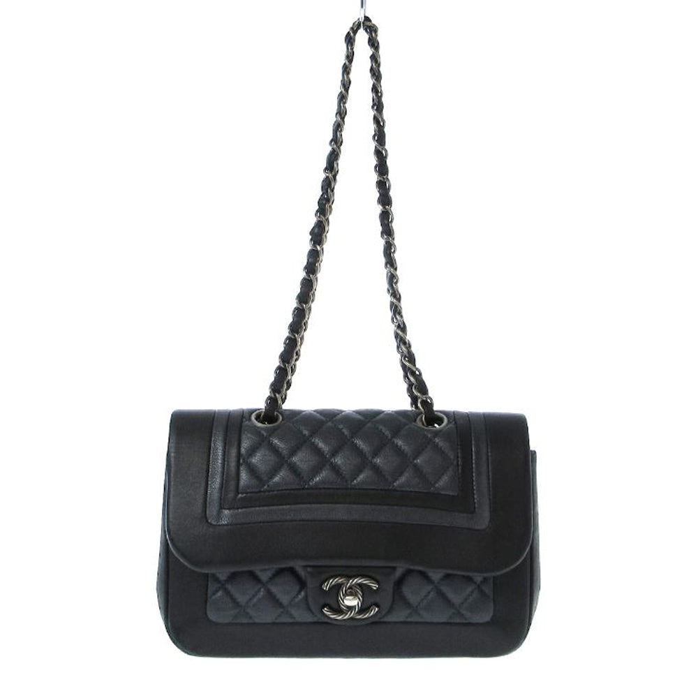 CHANEL Matelasse Shoulder Bag Dark Navy Black Lambskin Leather Women's RES36