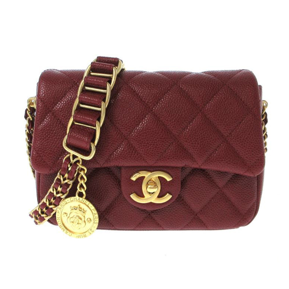 CHANEL Mini Matelasse Kleine Klappe Umhängetasche Bordeaux Kaviarhaut Damen RES37