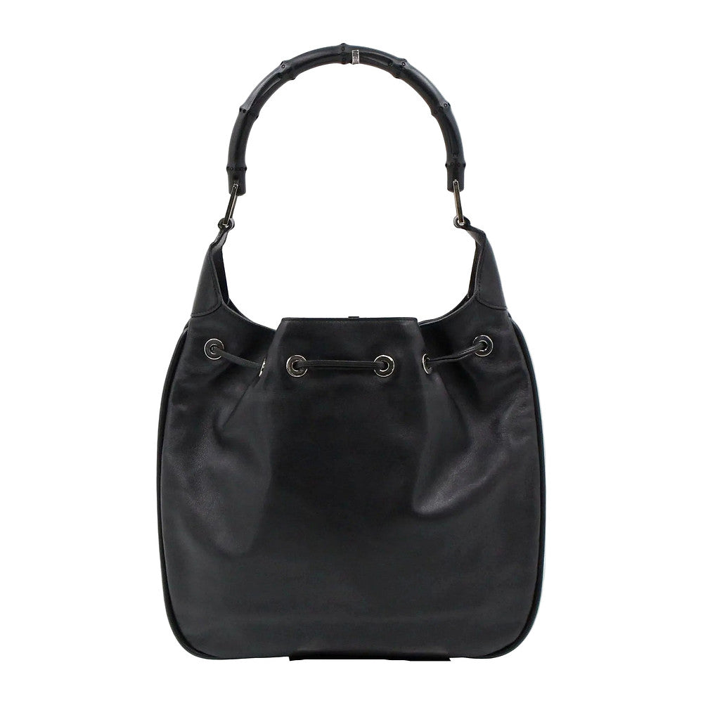 GUCCI Black Leather Bamboo Drawstring Shoulder Bag LHQ2386