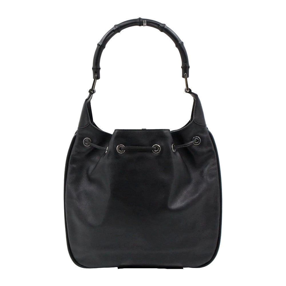 GUCCI Black Leather Bamboo Drawstring Shoulder Bag LHQ2386