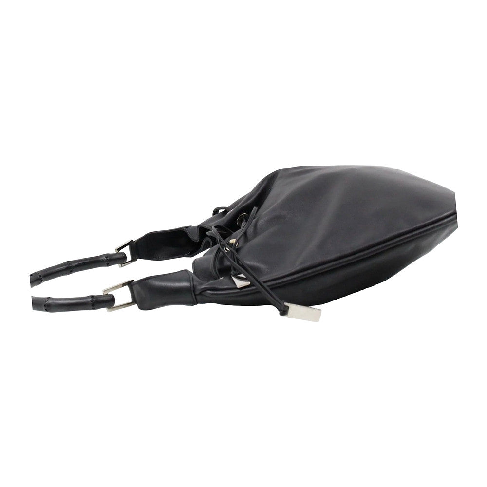 GUCCI Black Leather Bamboo Drawstring Shoulder Bag LHQ2386