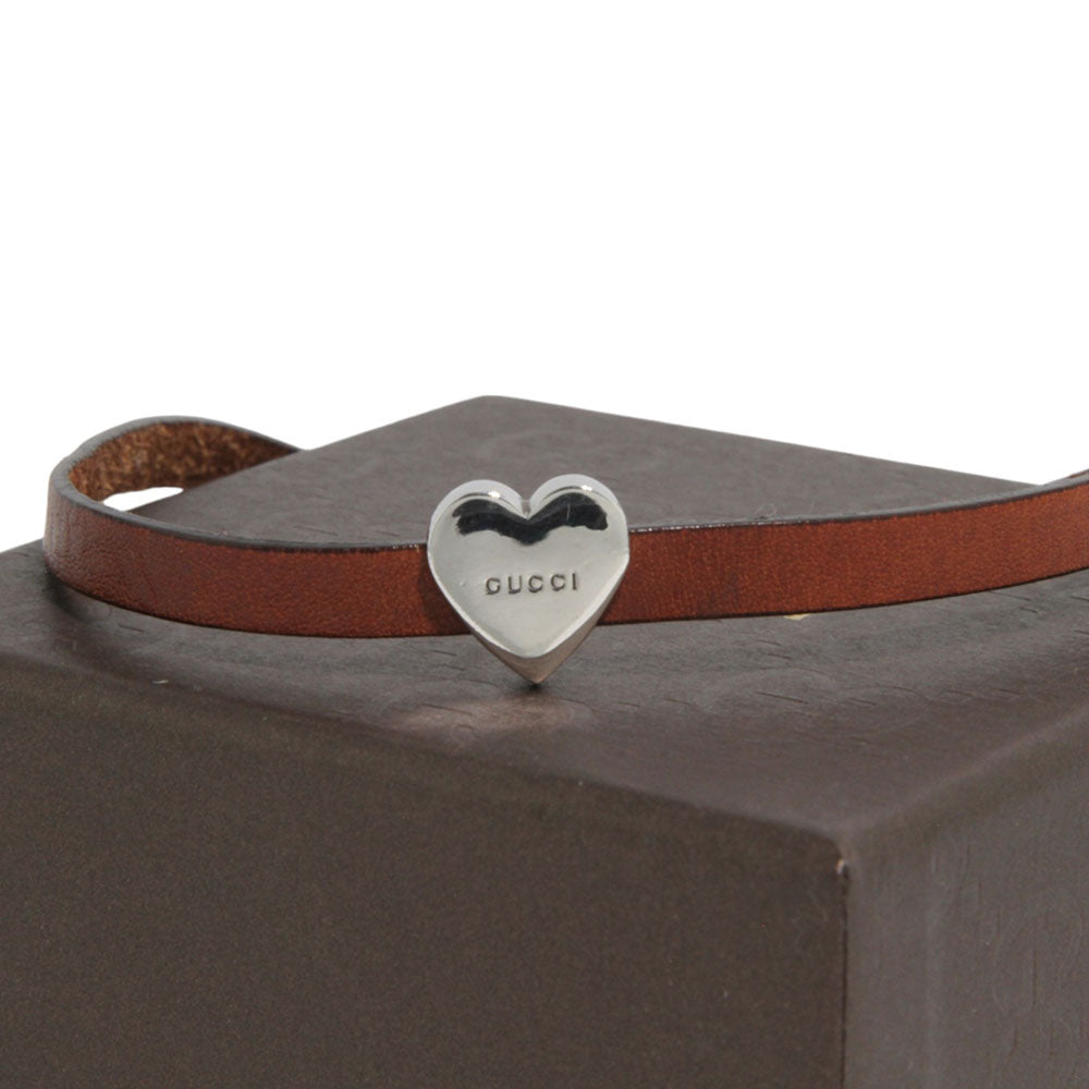 GUCCI Ladies Tie Up Leather Sterling Silver Heart Bracelet LHQ140